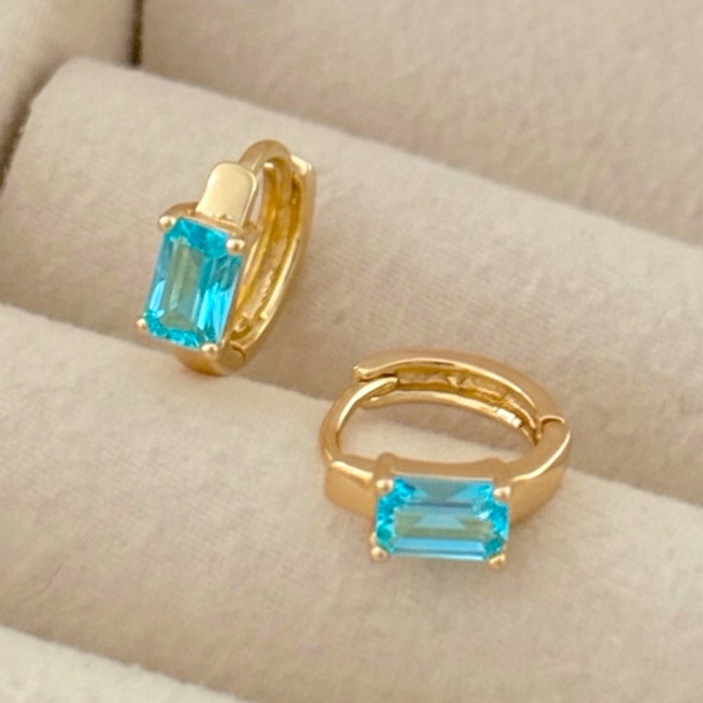 14K Gold Mini Huggie Hoops | Light Blue Crystal | Waterproof